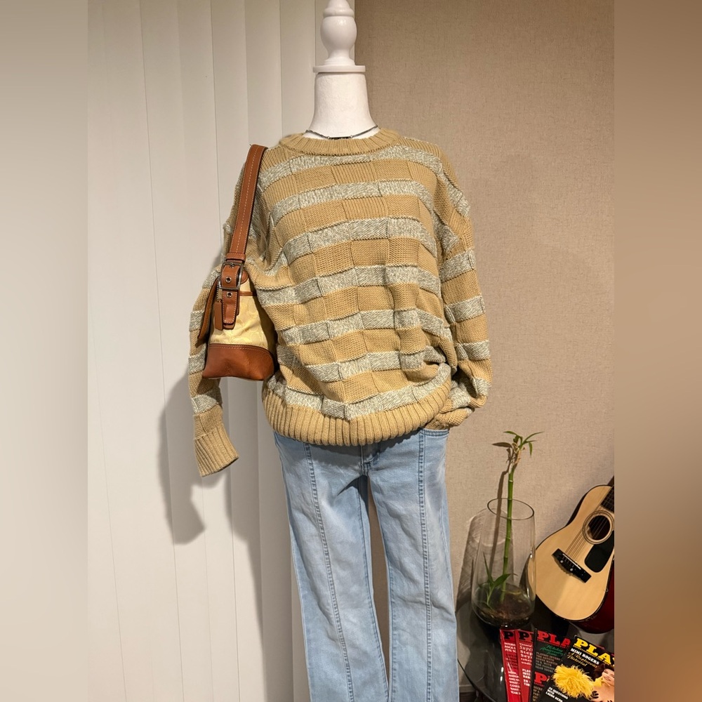 Zara Beige and Light Gray Striped Sweater